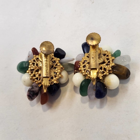 Miriam Haskell Multi Natural Stone Screw Back Earrings Gold Tone Vintage Jewelry - Picture 3 of 6